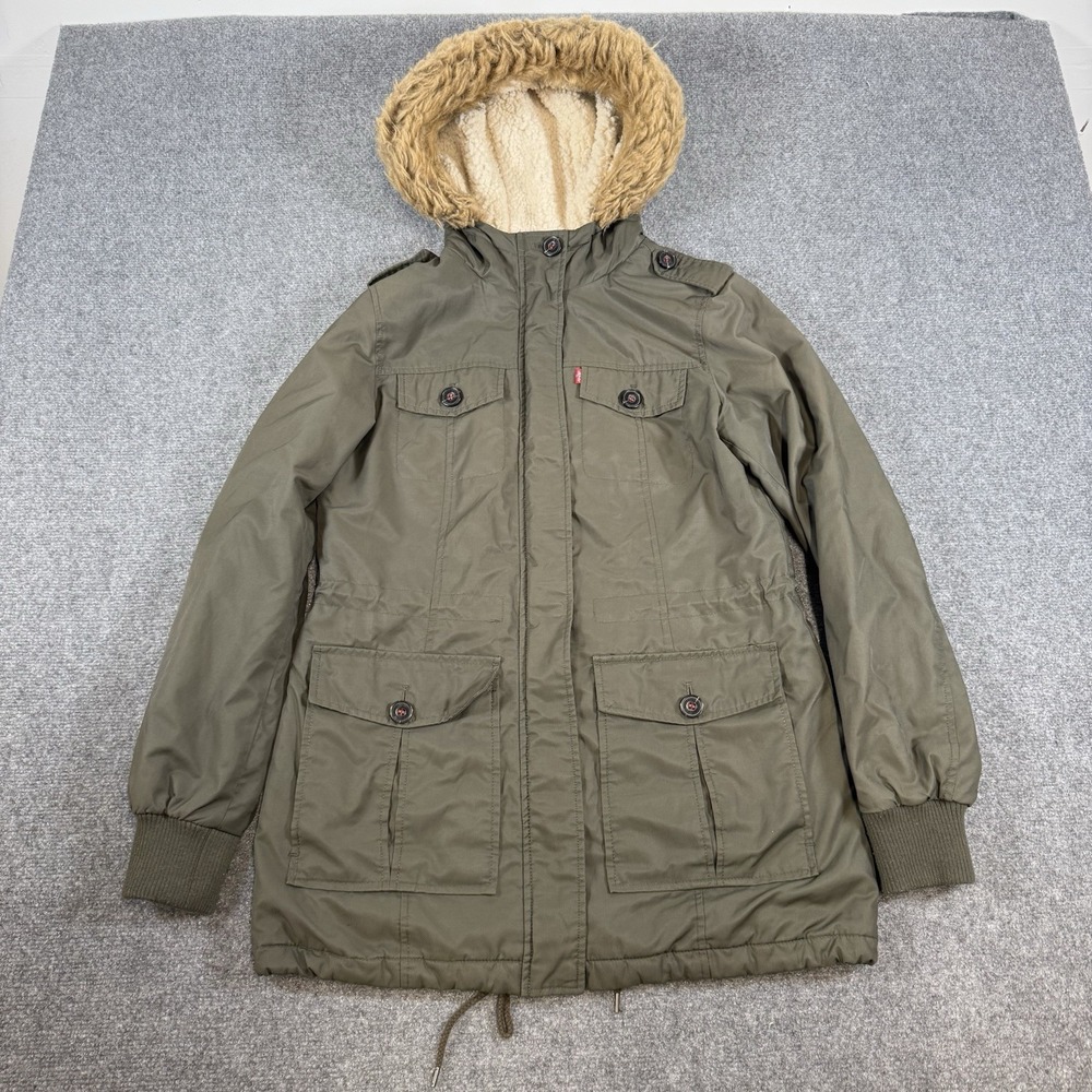 Levi's Parka Jacket Womens S Green Sherpa Lined Faux Fur Hood Utility Pockets